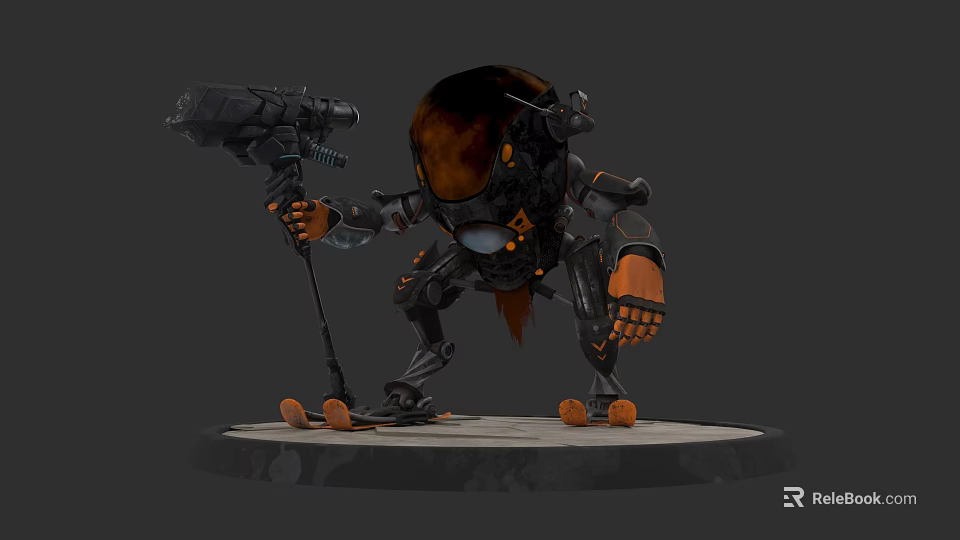 Black And Orange Biomechanical Character With Cannon Arm Standing On Base 3d model 