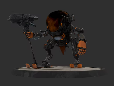 Black And Orange Biomechanical Character With Cannon Arm Standing On Base 3d model