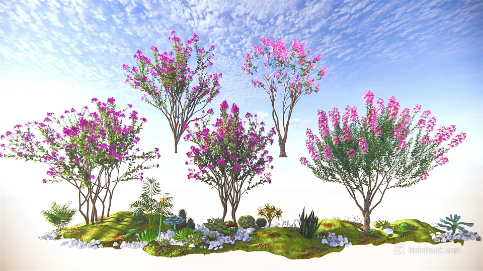 Flowering Trees With Pink Blossoms Green Grass Small Plants And Stones 3d model 