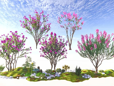 Flowering Trees With Pink Blossoms Green Grass Small Plants And Stones 3d model