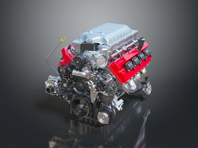 High Performance Automotive Engine Assembly With Silver Cylinder Head And Red Valve Covers 3d model