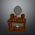 Classic Red Wooden Dressing Table With Oval Mirror Drawers And Decorative Items