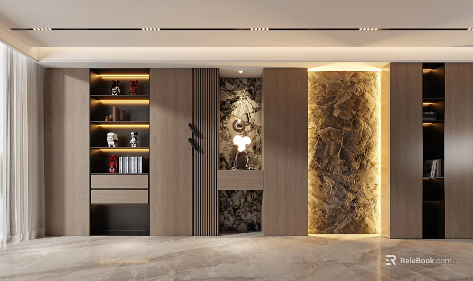 Modern Decorative Cabinet With Open Shelves Wooden Frame And Illuminated Marble Backdrop 3d model 