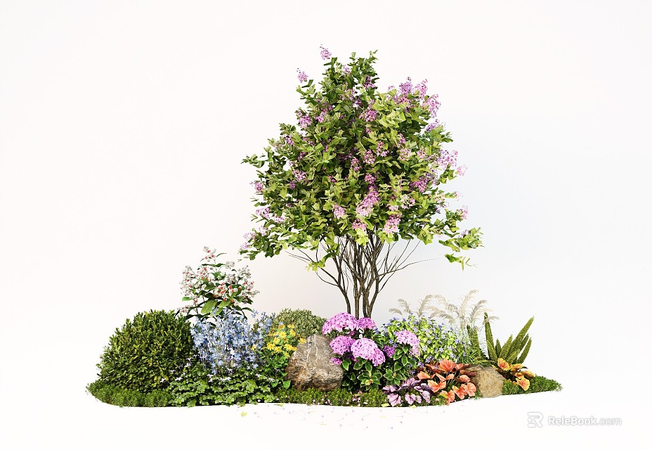Garden Plant Combination Featuring Tree Purple Flowers Blue Pink Orange Blooms Green Shrubs And Stones 3d model 