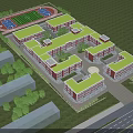 Football Field With Red Running Track Basketball Court Red Brick Buildings And Green Trees