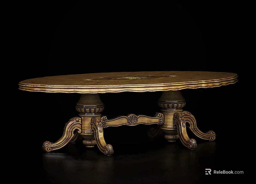 Ornate Classic Oval Dining Table With Gold Carved Legs And Decorative Top 3d model 