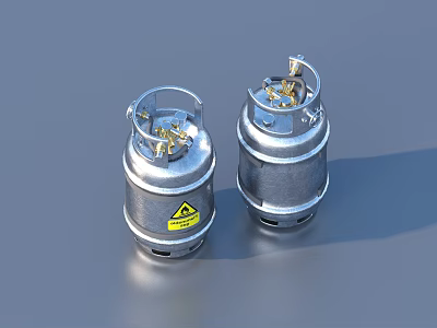 Two Silver Metal Canisters With Yellow Warning Labels For Practical Household Use 3d model