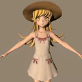 Cartoon Girl With Straw Hat Long Yellow Hair In Light Dress And Red Sandals