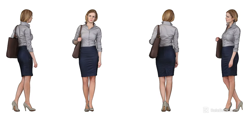 Woman In Gray Shirt Navy Blue Skirt With Brown Bag High Heels Front Back Views 3d model 