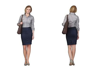 Woman In Gray Shirt Navy Blue Skirt With Brown Bag High Heels Front Back Views 3d model