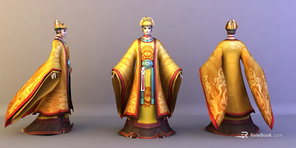 Ancient Imperial Character Models in Traditional Golden Robes with Dragon Patterns and Three View Angles 3d model 