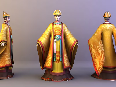 Ancient Imperial Character Models in Traditional Golden Robes with Dragon Patterns and Three View Angles 3d model