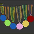 Six Gold Medals with Green and Yellow Ribbons Hanging on Dark Background
