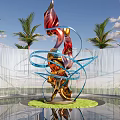 Outdoor Abstract Sculpture With Red Blue Golden Twisted Spiral Palm Trees Water Reflection Green Grass