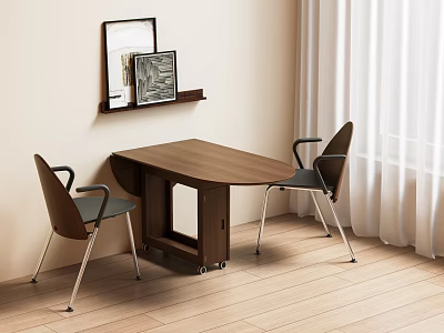 Modern Wooden Table And Chairs Combination With Wall Shelf Framed Art Near White Curtains 3d model