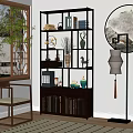 Chinese-style Wooden Display Shelf with Vases Books Decorative Items and Traditional Room Elements