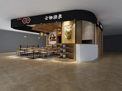 Modern Restaurant Interior Design With Wooden Tables Hanging Lights Counter And Menu Poster 3d model