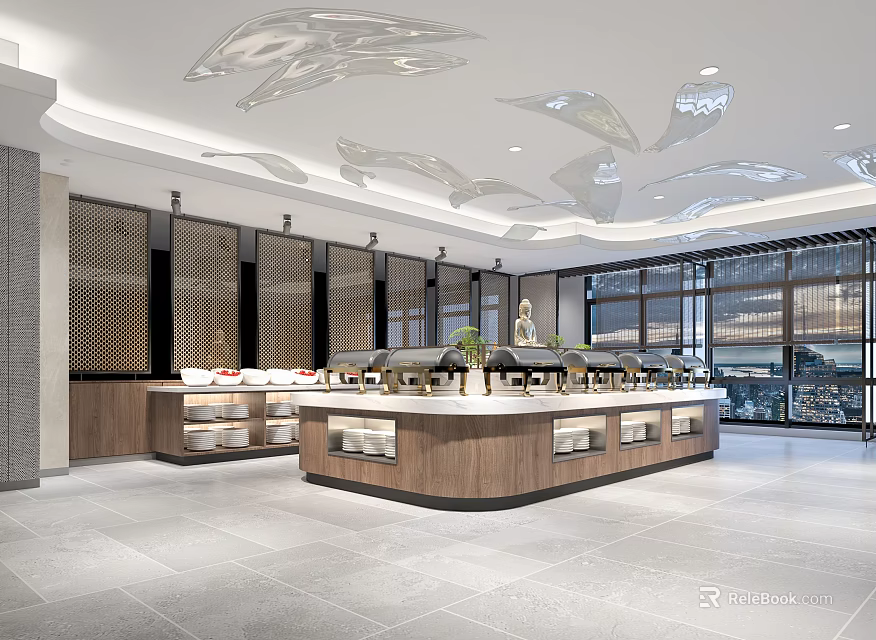 Modern Restaurant Open Buffet Dining Area With Wooden Counter Unique Ceiling Lights And Windows 3d model 