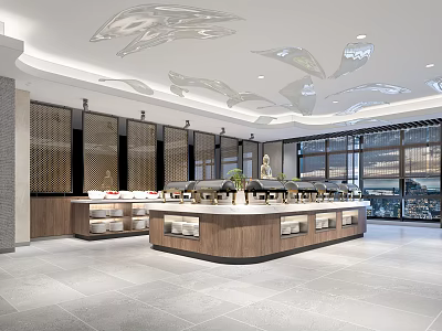 Modern Restaurant Open Buffet Dining Area With Wooden Counter Unique Ceiling Lights And Windows 3d model