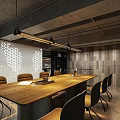 Modern Industrial Public Office Space With Open Layout Staircase Wooden Tables And Geometric Accent Wall