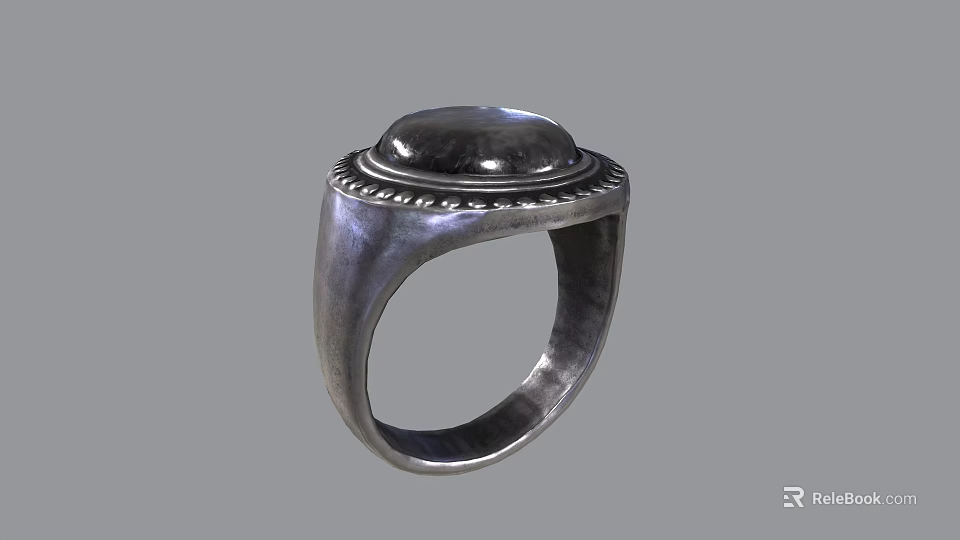 Elegant Silver Ring With Black Gemstone And Intricate Decorative Edge 3d model 