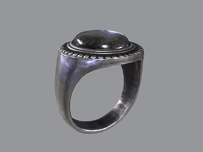 Elegant Silver Ring With Black Gemstone And Intricate Decorative Edge 3d model