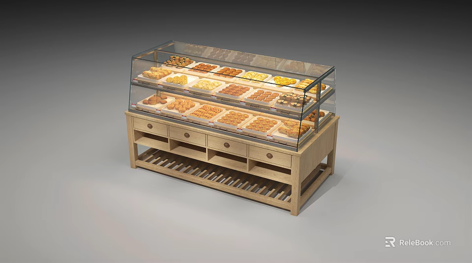 Double Layer Glass Cover Display Shelf For Bread Pastries With Storage Drawers 3d model 