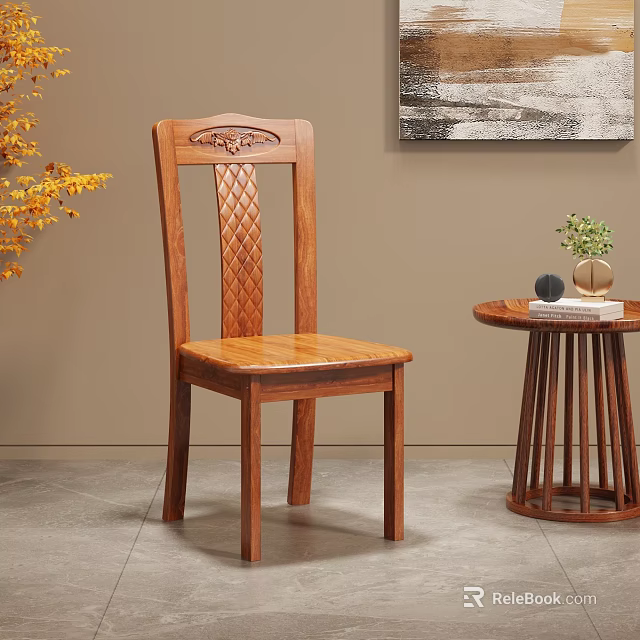 Solid Wooden Dining Chair With Carved Backrest And Woven Pattern Near Small Round Table 3d model 