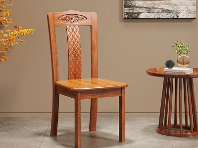 Solid Wooden Dining Chair With Carved Backrest And Woven Pattern Near Small Round Table 3d model