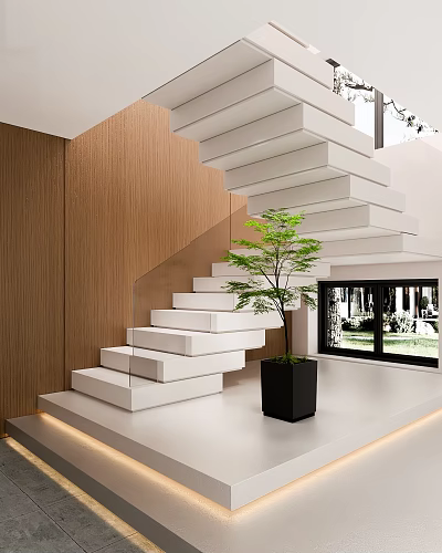 Modern White Stairs With Wooden Wall And Green Plant In Black Pot 3d model