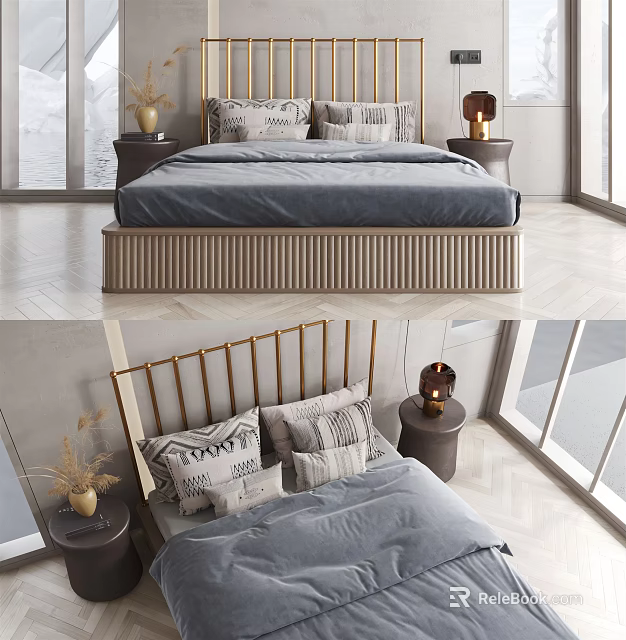 Modern Elegant Double Bed With Golden Headboard Textured Pillows And Nightstands In Bright Bedroom Interior 3d model 