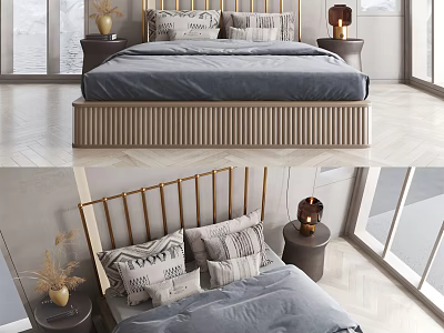 Modern Elegant Double Bed With Golden Headboard Textured Pillows And Nightstands In Bright Bedroom Interior 3d model