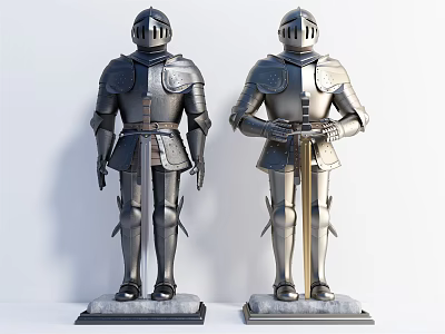 Two Medieval Silver Metal Armor Suits Standing With Ornate Design And Base 3d model