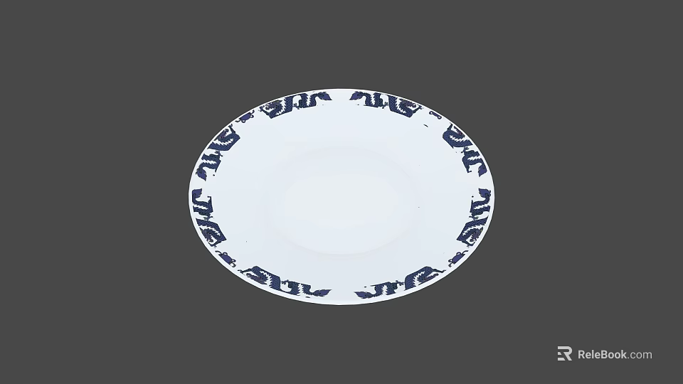 Elegant Round White Ceramic Kitchen Plate With Blue Decorative Patterns On Rim 3d model 