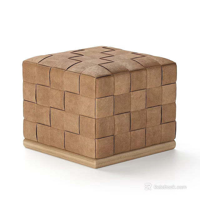 Brown Woven Leather Ottoman With Square Shape And Wooden Base Design 3d model 