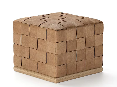 Brown Woven Leather Ottoman With Square Shape And Wooden Base Design 3d model