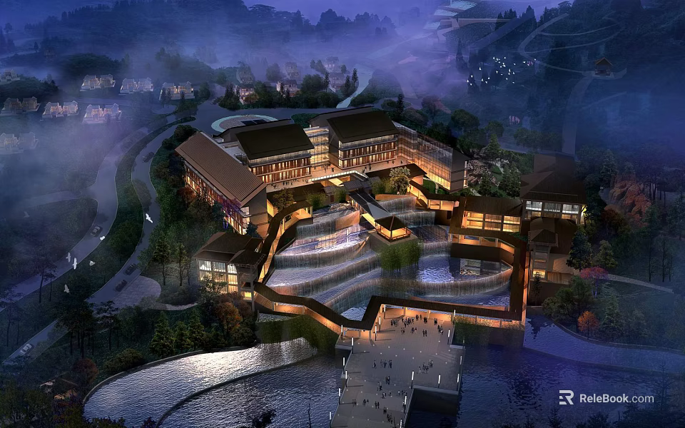 Park Landscape At Night With Illuminated Buildings Water Features And Scenic Walkways 3d model 