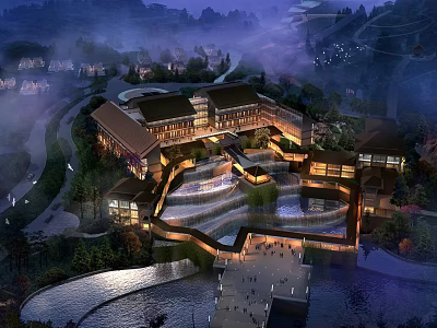 Park Landscape At Night With Illuminated Buildings Water Features And Scenic Walkways 3d model
