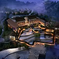 Park Landscape At Night With Illuminated Buildings Water Features And Scenic Walkways