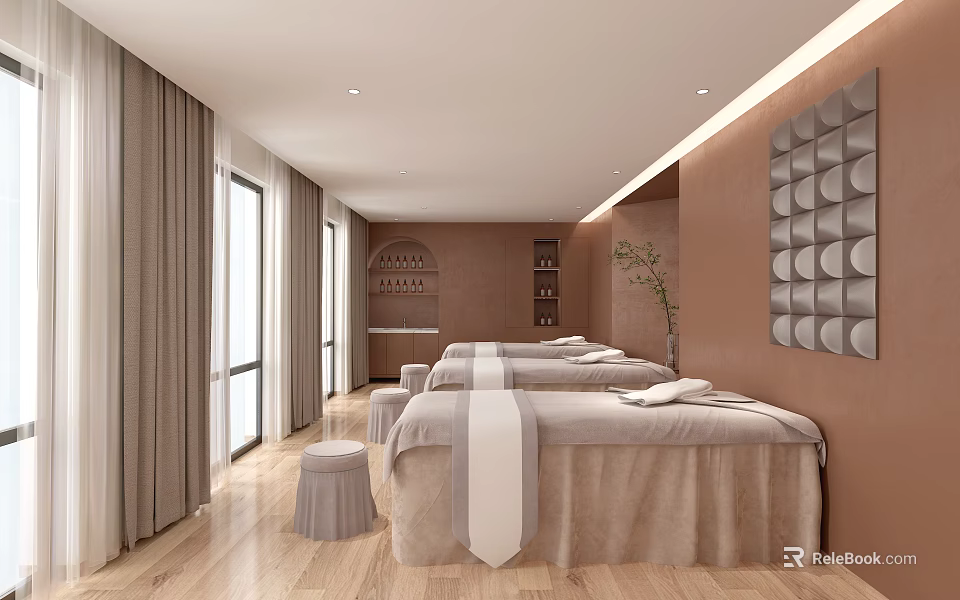 Relaxing SPA Sauna Room Interior With Massage Beds Wooden Flooring And Decorative Wall 3d model 