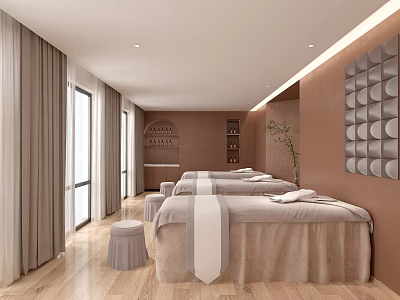 Relaxing SPA Sauna Room Interior With Massage Beds Wooden Flooring And Decorative Wall 3d model