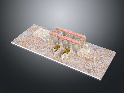 Ancient Ruin Scenic Landscape Featuring Stone Structure Red Roof And Archways 3d model