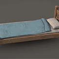 Single Bed With Wooden Slatted Headboard Blue Blanket And Light Colored Pillow