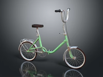 Green Bicycle With Black Seat Silver Handlebars And White Spoke Wheels On Gray Reflective Surface 3d model