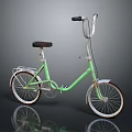 Green Bicycle With Black Seat Silver Handlebars And White Spoke Wheels On Gray Reflective Surface
