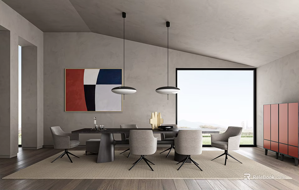 Modern Restaurant Interior With Gray Walls Pendant Lights Dining Table And Large Window View 3d model