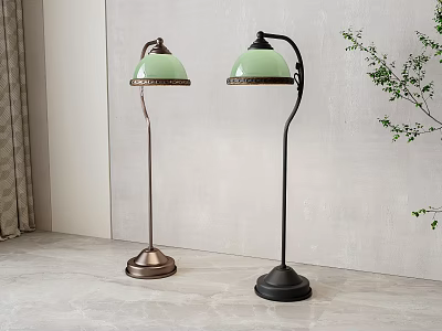 Two Modern Floor Lamps With Green Shades Bronze And Black Bases In Living Room 3d model