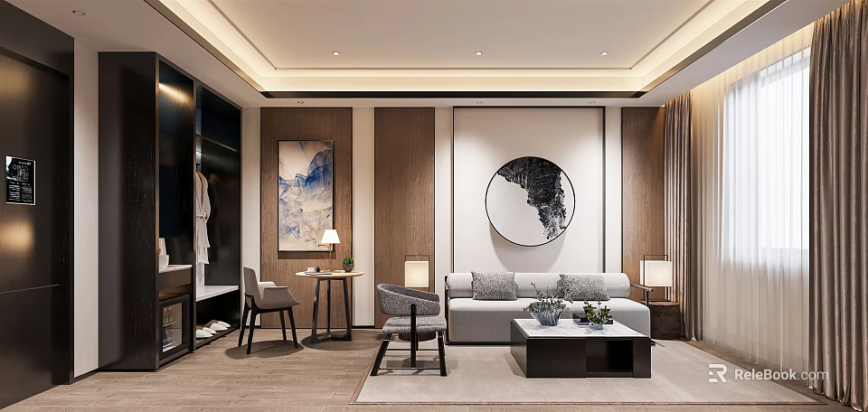 Elegant New Chinese Style Living Room With Soft Sofa And Stylish Ink Wall Art Decor 3d model 