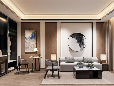 Elegant New Chinese Style Living Room With Soft Sofa And Stylish Ink Wall Art Decor 3d model