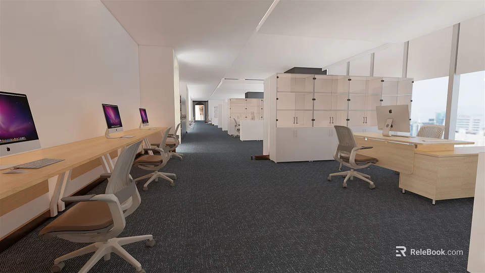Bright Modern Public Office Space With Long Desks Computers Office Chairs And Carpet 3d model 